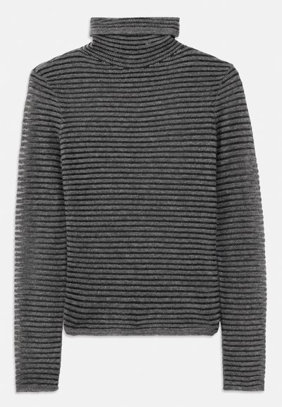 Gray striped turtleneck sweater made of soft knit material, featuring a high collar and a fitted silhouette with horizontal patterning.