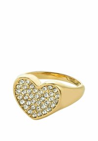 Anillo de oro en forma de corazón con un conjunto de strass transparentes en la parte frontal, banda lisa y acabado pulido.