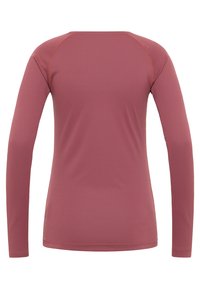 Langsleeve, aansluitend top in een stofroze kleur. Gladde, rekbare stof met raglan mouwen en platte naden voor comfort. Geen afbeeldingen of versieringen.