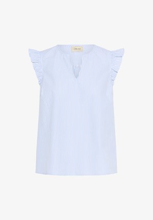Blouse rayée bleu clair et blanche avec des manches courtes froncées, encolure ronde et un petit décolleté en V à l'avant. Fabriquée dans un tissu doux.