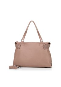 Borsa in pelle beige con due manici corti, accessori in argento e una tracolla regolabile. Texture liscia con accenti sottili.