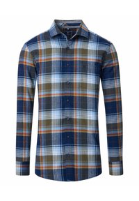 Langarmhemd aus Baumwollflanell mit einem blauen, grünen und orangefarbenen Karomuster; verfügt über einen Button-Down-Kragen und Frontknöpfe.