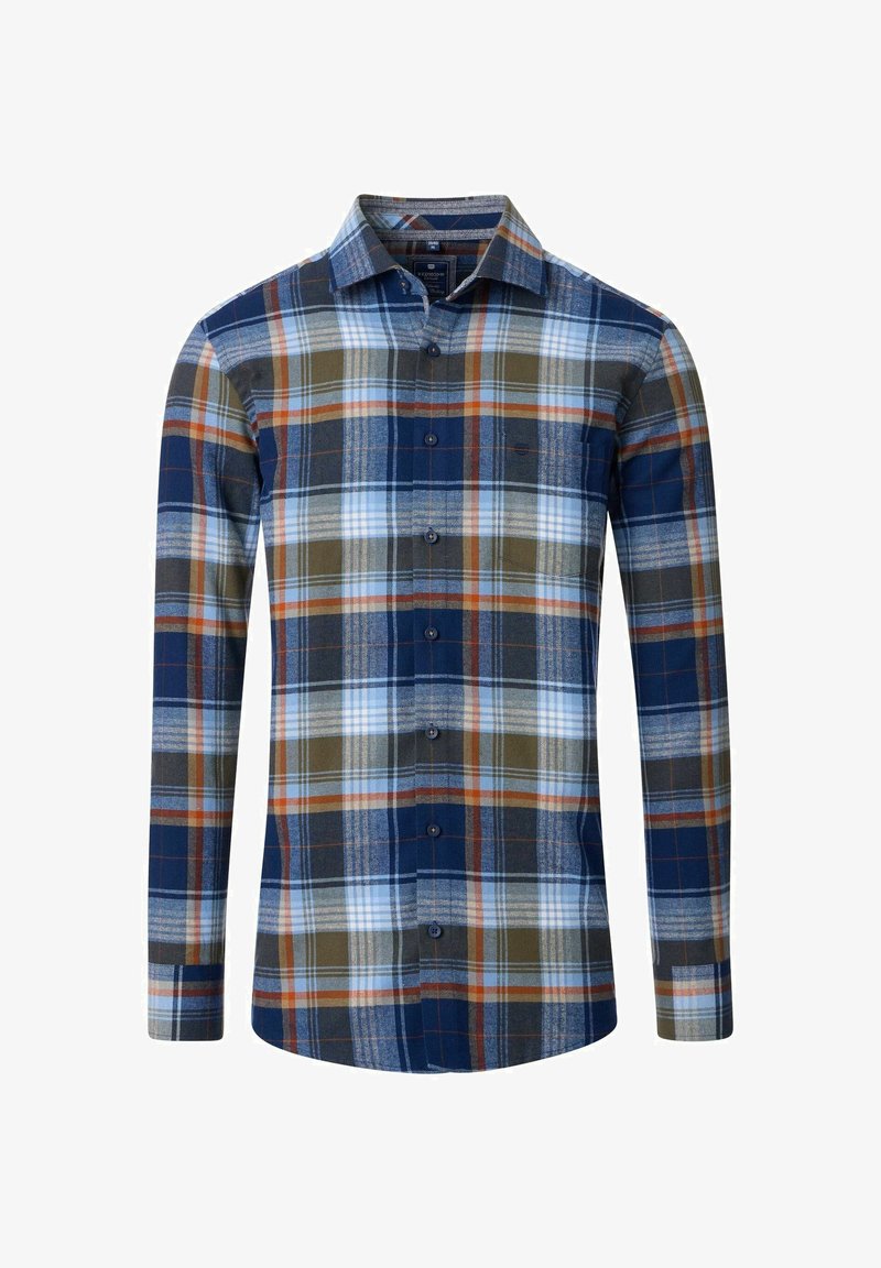 Langarmshirt van katoenflanel met een blauw, groen en oranje ruitpatroon; voorzien van een button-down kraag en knopen aan de voorkant.