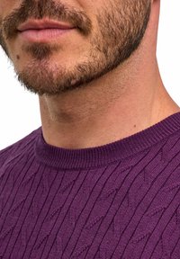 Maglione lavorato a maglia viola con un motivo testurizzato a coste e un collo rotondo, visibile attorno all'area del collo e della spalla.