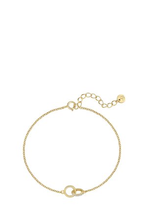 Goldkette Armband mit zwei ineinandergreifenden Ringen, von denen einer mit kleinen klaren Steinen verziert ist, und einem verstellbaren Verschluss mit einem kleinen runden Anhänger.