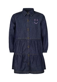 Jeansklänning i mörkblått, med knapplås fram, krage, långa ärmar och en indelad design med broderade leende ansikten.