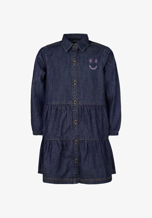 Mørkeblå denimkjole med knaplukning fortil, krave, lange ærmer og et tiered-design med broderede smilende ansigt detaljer.