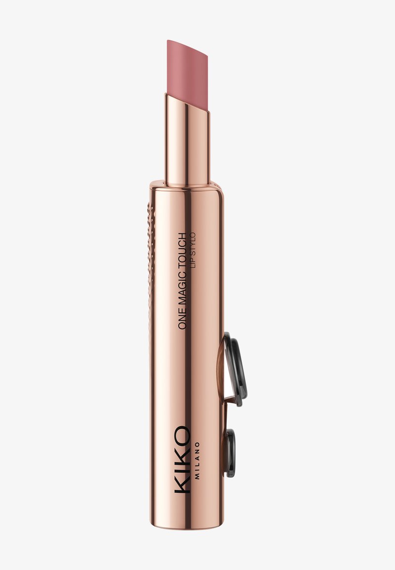 Rose gold metallic lipstick tube with light pink lipstick extended, black clip attached, labeled "KIKO MILANO" and "ONE MAGIC TOUCH."