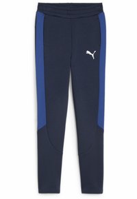 Marinefarbene Sporthosen mit blauen Seitenstreifen, elastischem Bund und weißem Logo. Hergestellt aus einem glatten, atmungsaktiven Stoff mit schmalem Schnitt.