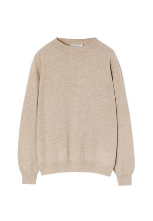 Beige trui met een ronde hals, lange mouwen en gedetailleerde manchetten. Gemaakt van zacht materiaal, met een gladde textuur en een minimalistisch ontwerp.