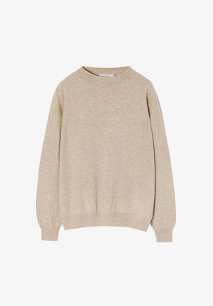 Maglione beige con scollo rotondo, maniche lunghe e polsini a costine. Realizzato in materiale morbido, presenta una texture liscia e un design minimale.