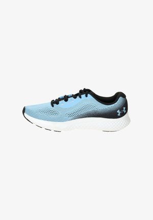 Light blue and black running shoe with white sole, black laces, breathable mesh upper, and Under Armour logo on heel.