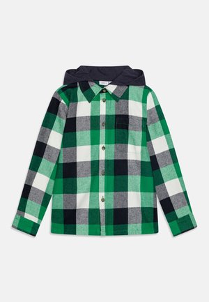Chemise à manches longues à carreaux verts, blancs et noirs avec des boutons et une capuche foncée attachée au col.