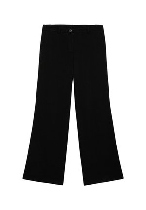 Schwarze weite Hosen aus glattem Stoff mit einem vorderen Knopfverschluss, zwei Seitentaschen und einem schlichten Design.