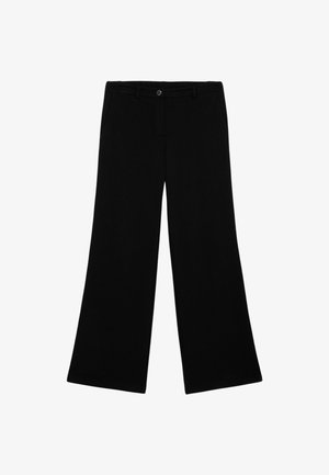 Schwarze weite Hosen aus glattem Stoff mit einem vorderen Knopfverschluss, zwei Seitentaschen und einem schlichten Design.