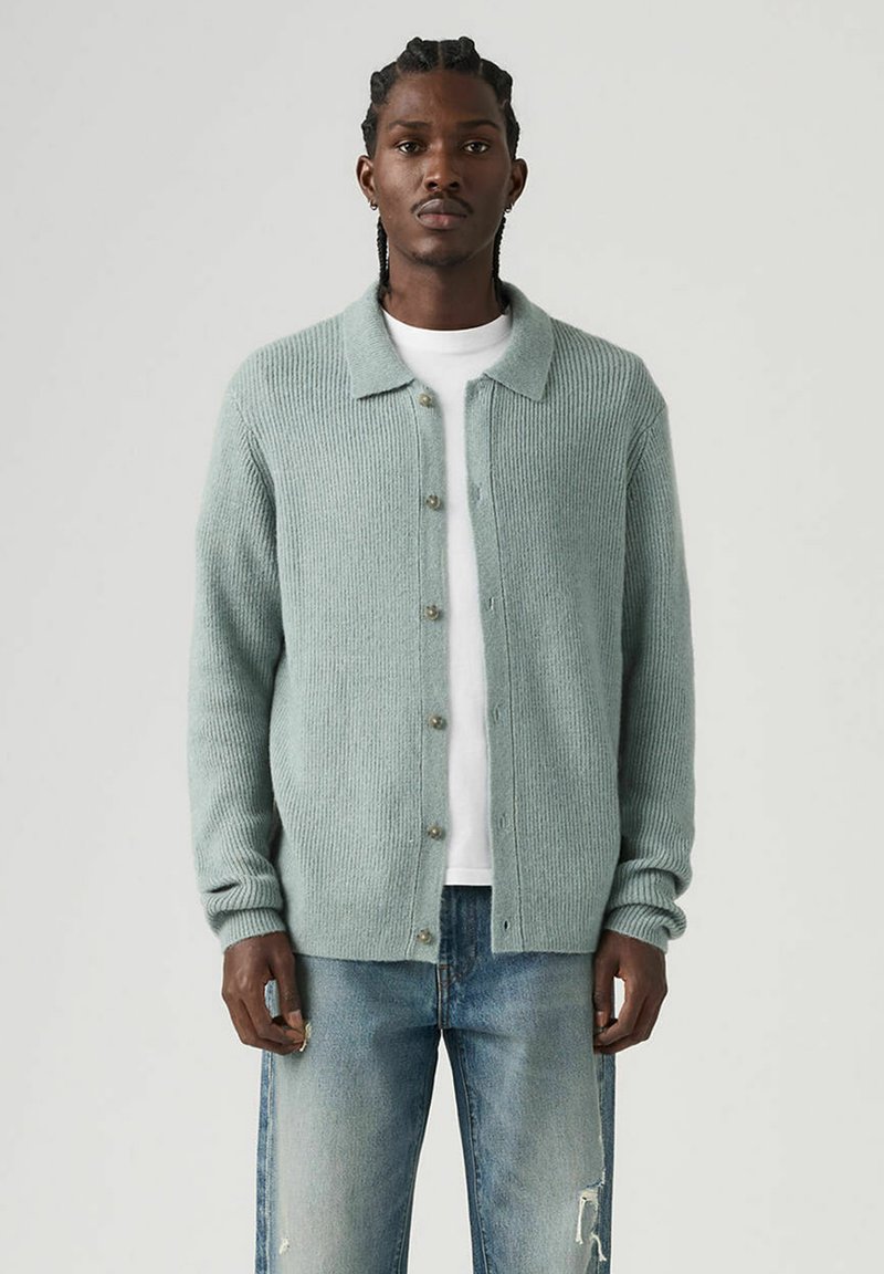 Jasnozielony prążkowany kardigan wykonany z teksturowanej dzianiny, z kołnierzykiem i zapięciem na guziki, w zestawieniu z postrzępionymi dżinsami.
