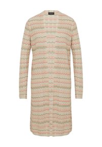 Langer, offener Strickcardigan in Beige mit wellenförmigen Zickzackmustern in Pink und Oliv. Mit langen Ärmeln und einer lockeren Passform.