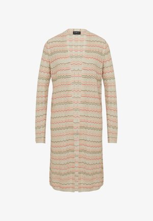 Cardigan long en tricot ouvert beige avec des motifs ondulés en zigzag rose et olive. Il présente des manches longues et une coupe décontractée.