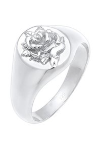 Bague en argent avec un design de rose détaillé en relief sur la face ovale et marqué "925" à l'intérieur de l'anneau.