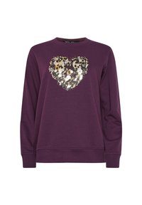 Sudadera burdeos de manga larga y cuello redondo, con un gran diseño de corazón hecho de lentejuelas en dorado, negro y blanco.