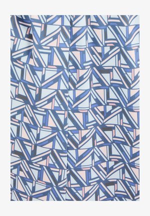 Geometrisch patroonstof met verschillende tinten blauw, roze en zwart in hoekige, kruislings lopende vormen die een textuurlijke uitstraling creëren.