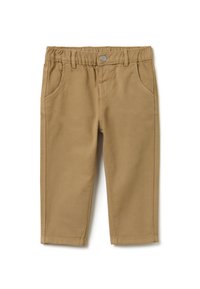 Pantalones de algodón color beige con cintura elástica, bolsillos frontales, textura suave y costuras limpias, diseñados para la comodidad y facilidad de uso.