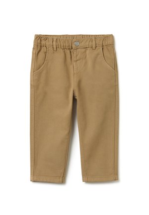 Pantaloni di cotone beige con vita elastica, tasche frontali, superficie liscia e cuciture curate, progettati per comfort e facilità di vestibilità.
