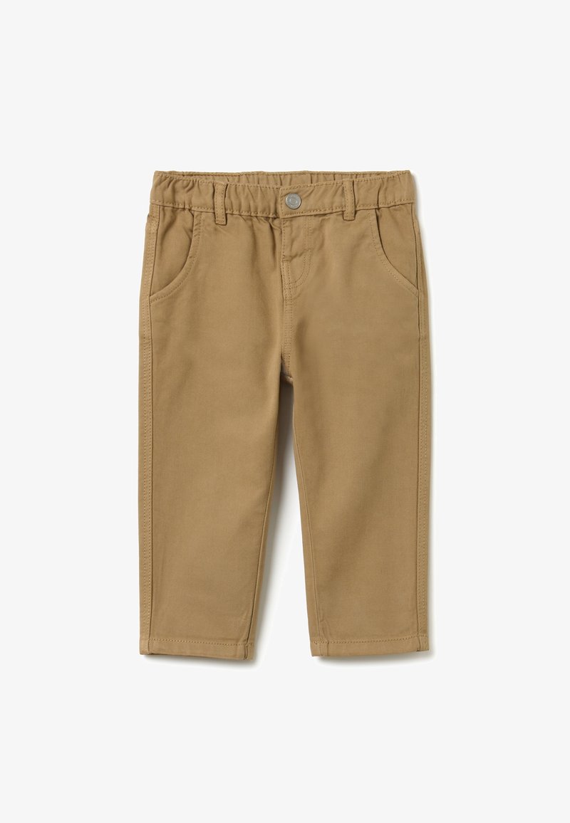 Pantalones de algodón color beige con cintura elástica, bolsillos frontales, textura suave y costuras limpias, diseñados para la comodidad y facilidad de uso.