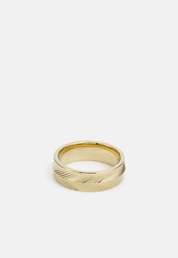 Gold-tone ring featuring a twisted design with textured grooves, smooth inner band, and a polished finish.