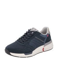 Navy blue sneakers with a textured mesh and suede upper. Features gray accents, flat laces, and a chunky white sole with red detail.