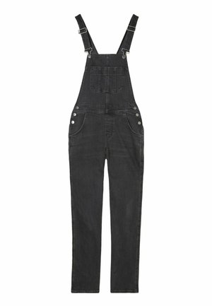 Black denim overalls with adjustable straps, front pocket, side buttons, and straight leg design. Fabric texture is smooth and sturdy.