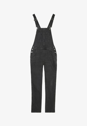Black denim overalls with adjustable straps, front pocket, side buttons, and straight leg design. Fabric texture is smooth and sturdy.