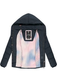 Black padded jacket with a hood, featuring a light pink, blue gradient interior, and a label with floral design inside. Zipper and button closure.