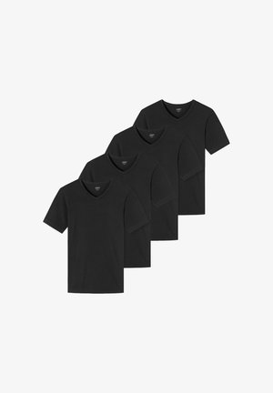 Sorte v-hals t-shirts, 100% bomuld, korte ærmer, pakke med fire, glat tekstur, enkelt design, velegnet til lag-på-lag eller afslappet brug.