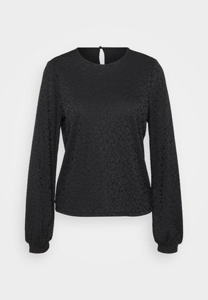 Zwarte blouse met lange mouwen en een gestructureerd luipaardpatroon, ronde halslijn en een keyhole sluiting aan de achterkant. Elastische manchetten verbeteren de pasvorm.