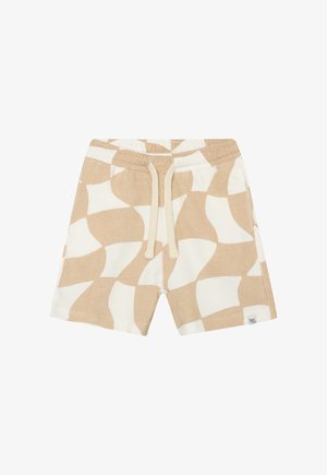 Beige en wit gebloemde korte broek met een zachte, getextureerde stof, voorzien van een elastische tailleband en aantrekkoorden. Opvallend geometrisch design.