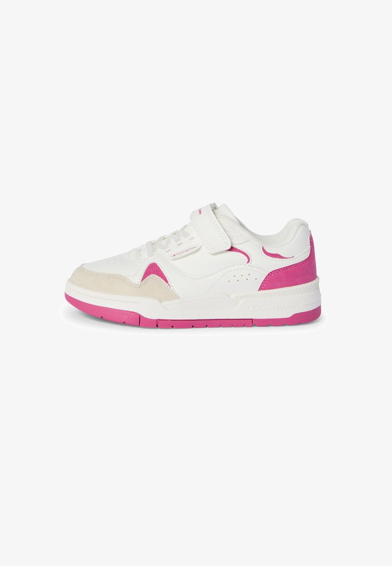 Sneakers bianche con dettagli rosa. Realizzate in pelle e camoscio, con una fascia a strappo, dettagli traforati e una suola in gomma spessa.