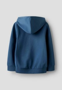 Blauwe pullover hoodie met een capuchon, ribgebreide manchetten en zoom. Soepele stoftextuur met een getailleerde pasvorm. Achteraanzicht, geen aanvullende details zichtbaar.