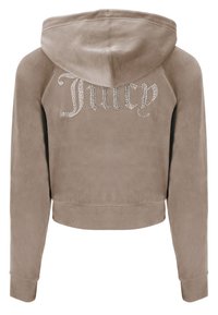 Felpa beige accorciata realizzata in morbido tessuto, con cappuccio e la scritta "Juicy" in strass sulla parte posteriore. Texture liscia.