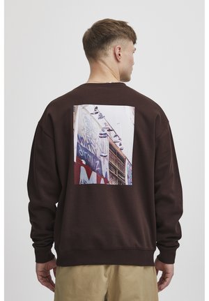 Brązowa bluza z grafiką na plecach przedstawiającą miejską grafikę i sneakersy. Okrągły dekolt i ściągacze na rękawach. Miękka tekstura materiału.