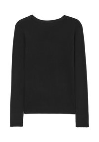 Schwarzer Pullover mit langen Ärmeln und rundem Ausschnitt, mit glatter Textur und einem schlichten, minimalistischen Design. Keine sichtbaren Muster oder Akzente.