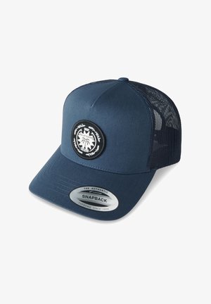 Námornícka snapback čiapka s pevnou látkovou prednou časťou, sieťovanými bočnými panelmi a okrúhlym vyšívaným štítkom s motívom palmového stromu.