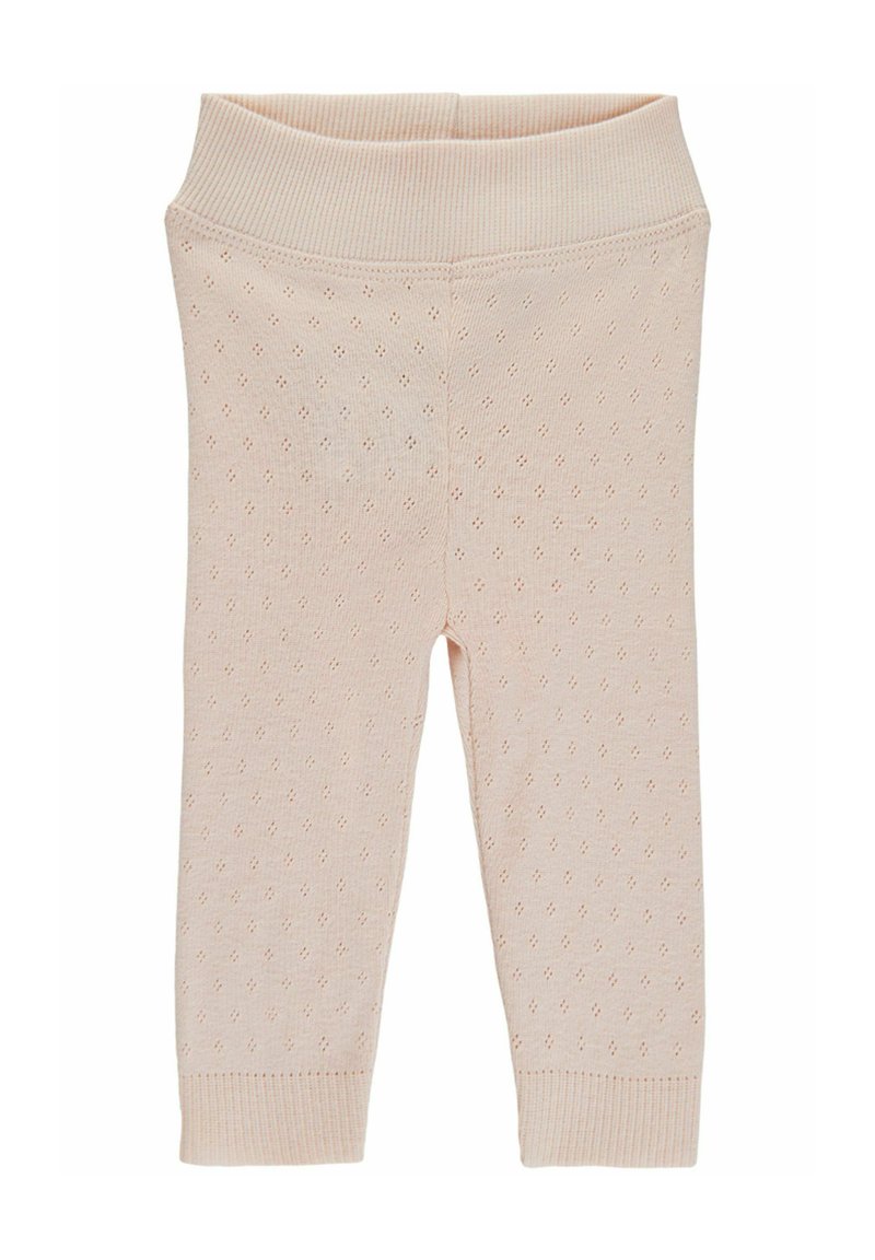 Light pink leggings made of soft, textured fabric featuring a diamond pattern and a ribbed elastic waistband. Full-length design.