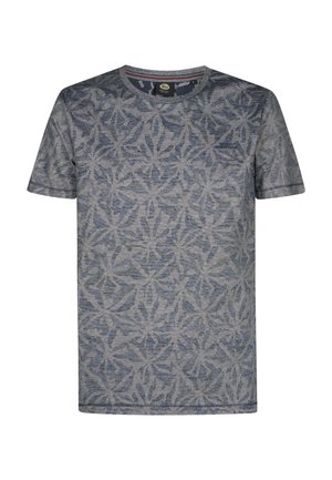 Siniharmaa lyhythihainen t-paita, jossa on kukkakuvio. Paita on pyöreälahkeinen ja siinä on hillityt ompeludetaljit.