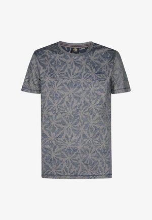 Koszulka z krótkim rękawem w niebieskim melanżowym materiale z kwiatowym wzorem. Posiada okrągły dekolt oraz subtelne detale szwów.