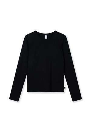 Schwarzes Langarmshirt aus weichem Stoff mit rundem Ausschnitt und einem auf der Brust gestickten Logo. Einfaches, gerade geschnittenes Design.