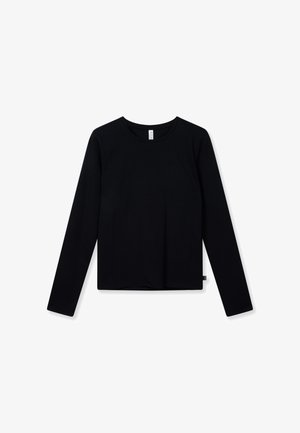 Schwarzes Langarmshirt aus weichem Stoff mit rundem Ausschnitt und einem auf der Brust gestickten Logo. Einfaches, gerade geschnittenes Design.