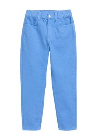 Pantalons en coton bleu clair avec une coupe droite, dot�és d'une fermeture à bouton et à zip, de poches avant et d'une taille élastique.