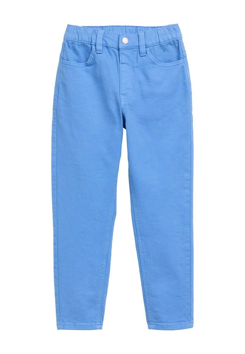 Pantalons en coton bleu clair avec une coupe droite, dotés d'une fermeture à bouton et à zip, de poches avant et d'une taille élastique.