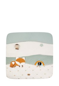 Gestepptes Spielmatte mit einem Fuchsdesign, weicher Stoff in gedämpften Blau- und Weißtönen, mit einer plüschigen Textur und kleinen befestigten Hängespielzeugen.
